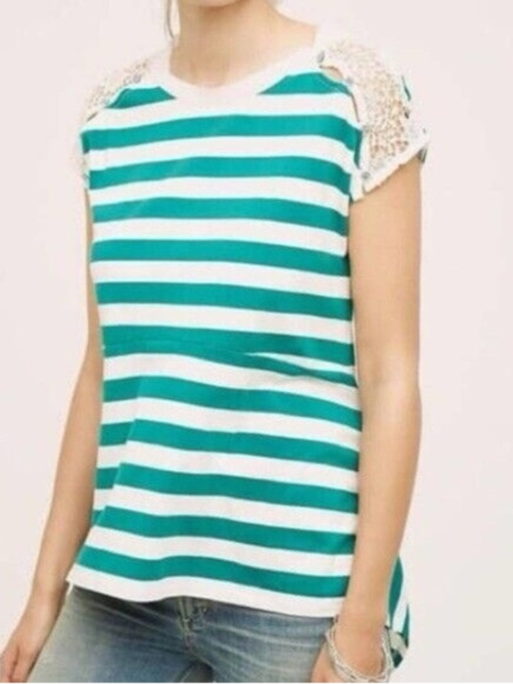 Anthropologie Top Women’s M Teal and White Striped Lace Shoulder Tee NWT!